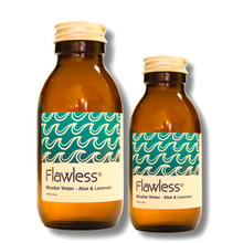 Load image into Gallery viewer, Two bottles of Flawless micellar water with wave design labels on a white background
