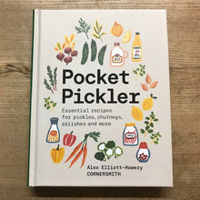 Load image into Gallery viewer, Book titled &#39;Pocket Pickler&#39; with illustrations of vegetables and condiments on a wooden surface
