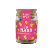 Load image into Gallery viewer, Jar of corn marigold wildflower seed balls with pink label and cork lid on a white background
