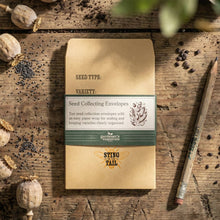 Load image into Gallery viewer, Seed collecting envelopes on a wooden surface with seeds and a pencil.

