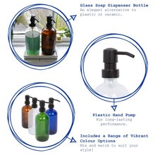 Load image into Gallery viewer, Glass soap dispenser bottles with black pumps, shown in various colors including green, white, and blue.
