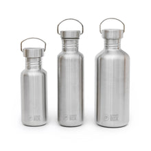 Load image into Gallery viewer, Three stainless steel bottles of different sizes on a white background, branded 'Eco-Friendly Box'.
