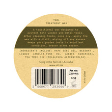Load image into Gallery viewer, Round label with text and barcode on a beige background
