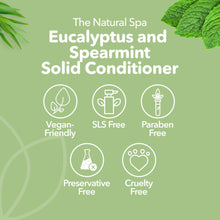 Load image into Gallery viewer, Advertisement for Eucalyptus and Spearmint Solid Conditioner with green background and product features listed.
