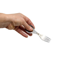 Load image into Gallery viewer, Hand holding a compact fork and spoon set on a white background
