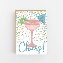 Load image into Gallery viewer, Birthday card with a pink cocktail illustration and confetti on a white background

