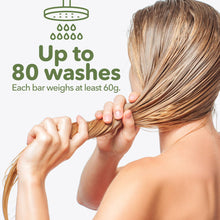 Load image into Gallery viewer, Person holding wet hair with text about shampoo bar durability and weight.
