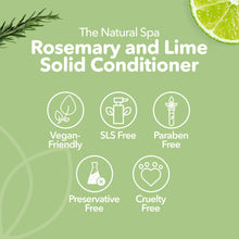 Load image into Gallery viewer, Advertisement for Rosemary and Lime Solid Conditioner with natural ingredients and benefits on a green background.
