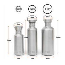 Load image into Gallery viewer, Three stainless steel bottles with measurements indicated on a white background
