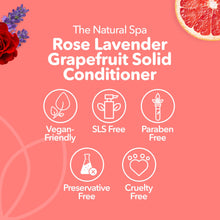 Load image into Gallery viewer, Rose Lavender Grapefruit Solid Conditioner packaging with icons and text on a pink background
